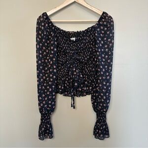 Floral Black and Pink Smocked Adjustable Top with Sheer Sleeves- XL